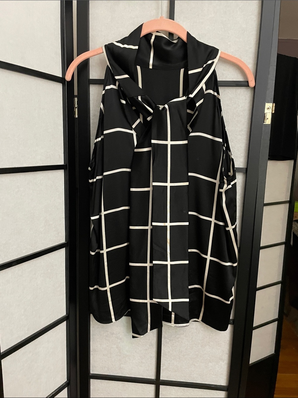 Generation Love Black & White Grid Tie-Neck Blouse